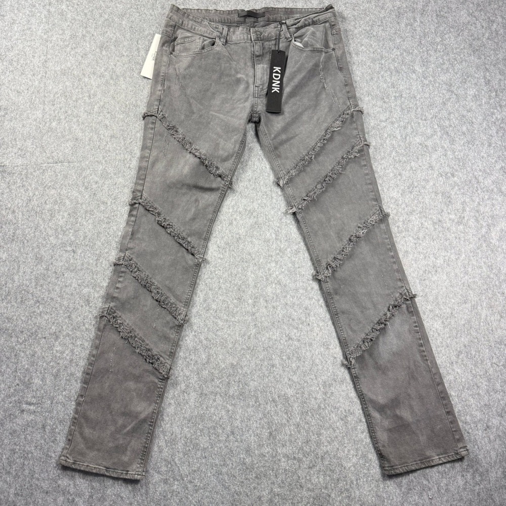KDNK Mens Jeans 36x34 Distressed Slim Straight Gray Frayed Diagonal Seam NWT